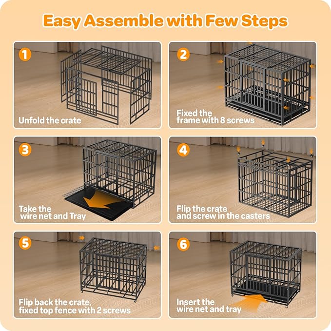 54 Inch Heavy Duty Dog Crate, Indestructible Escape-Proof Dog Kennel for High Anxiety Large Dogs, Strong Metal Pet Cage with Double Doors, Lockable Wheels & Removable Tray, XL XXL XXXL