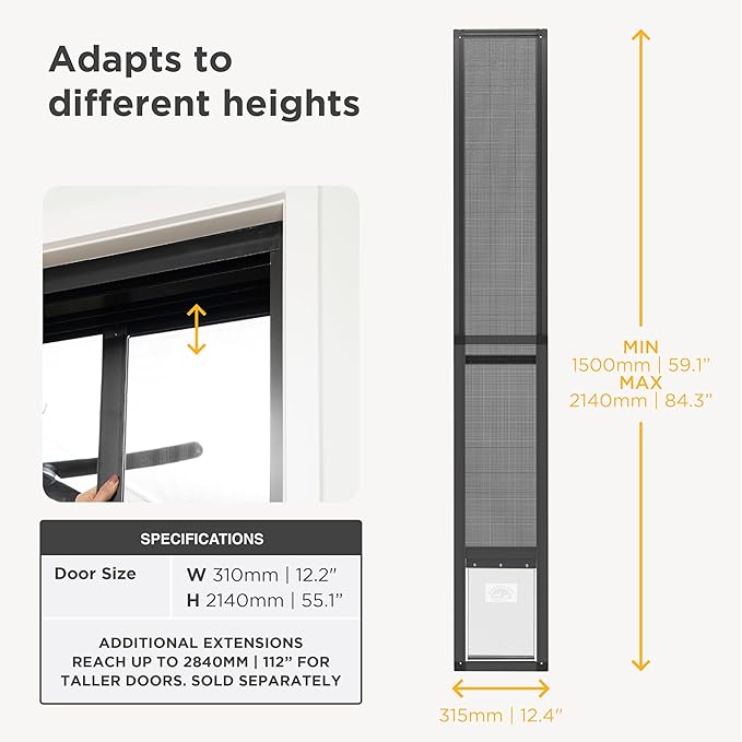 Hakuna Pets V2 Patio Pet Door Screen Insert Panel for Sliding Doors, Fits Door Track Min Ht 59.05" to Max Ht 84.25",UV Resistant Mesh, Locking Magnetic Dog Door, Easy Install and Removal,Medium,Black