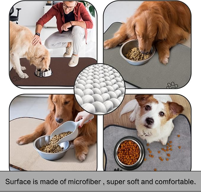 Sinland Microfiber Large Pet Food Mat Dog Feeding Mat Pet Bowl Mat with Anti-Skid Backing 21 Inch x 32 Inch Brown