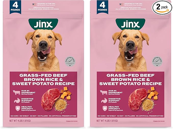 Jinx Premium Dry Dog Food, for All Lifestages - Real Beef, Brown Rice & Sweet Potato Kibble with Superfoods for Immune Support & Probiotics for Digestive Support - No Fillers - 4lb (Pack of 2)