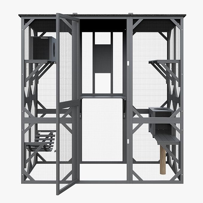 70 Inch Outdoor Walk-in Cat Enclosure with Window, Waterproof Roof Cattery with Bridge and Scratching Post Outdoor Patio Cat Playpen, Grey