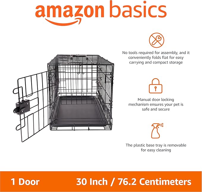 Amazon Basics - Durable, Foldable Metal Wire Dog Crate with Tray, Single Door, 30 x 19 x 21 in, Black