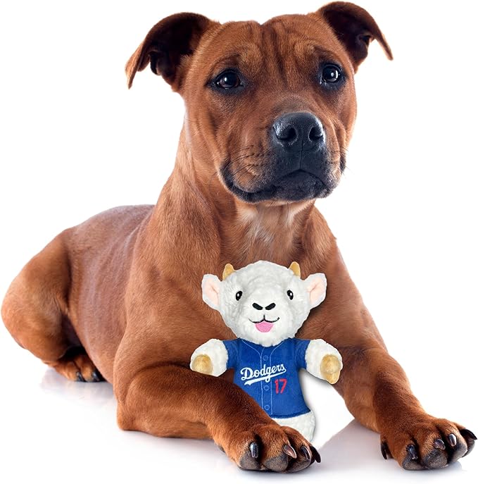 MLBPA Shohei Ohtani Goat Plush Toy for Dogs and Cats with Squeaker, Wearing a Team Player Jersey! MLB LA Dodgers Fun & Sporty Goat Shaped Dog Chew Toy, Interactive Pet Toy