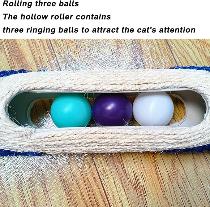 Cylindrical Scratching Board Sisal Cat Toys with 3 Pcs Ringing Balls 11 in Scratching Roller for Indoor Cats Playing (Blue)