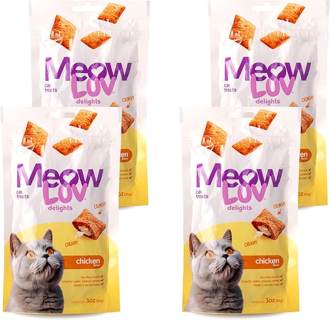 Ultra Chewy Meow Luv Delights Crunchy Cat Treats with Creamy Center - Chicken Flavor - Premium Cat Snacks - Soy-Free Recipe - Healthy Treats for Indoor Cats - 4 Pack