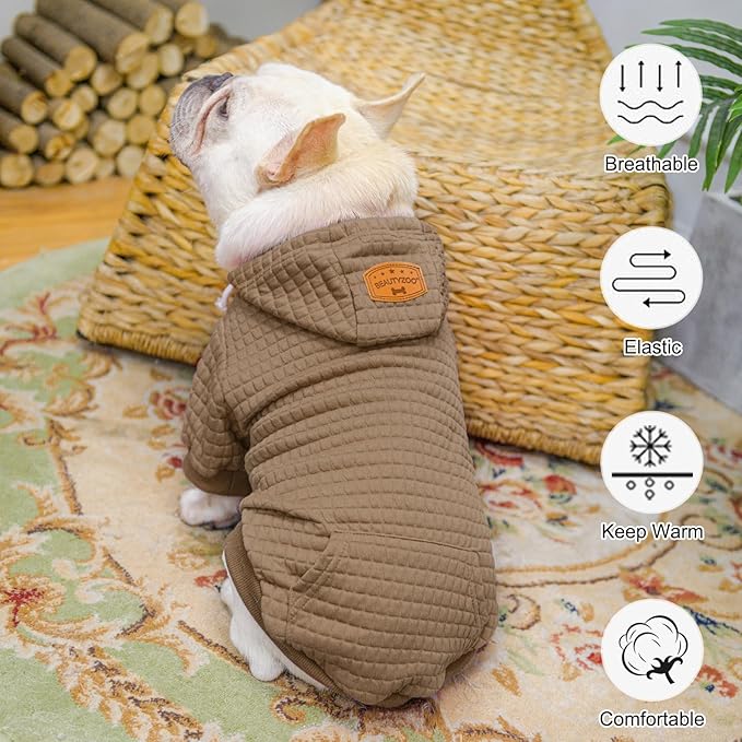 BEAUTYZOO Small Dog Hoodie Sweater with Pockets, Dog Clothes for Small Medium Dogs Boy Girl, Waffle-Like Laminated Cotton Pet Coats with Hat and Leash Hole, Khaki S