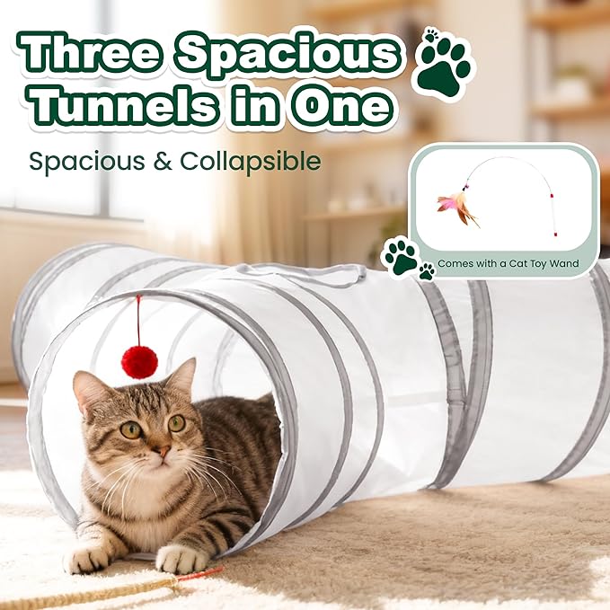 Love’s Cabin Cat Tunnel for Indoor Cats, 3-Way Collapsible Play Tunnel with Teaser Wand, Peek Holes & Toy Ball, Small Pet Toy for Kittens & Rabbits, White & Light Grey, Medium Size