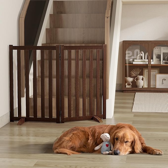 30" Height Tall Freestanding Pet Gate, Solid Wood Folding Safety Fence Wooden Dog Gate with 2 PCs Support Feet Ideal for Stairs, Doorways, Halls, Kitchens, Heavy Duty Gates, 2 Panels, Walnut