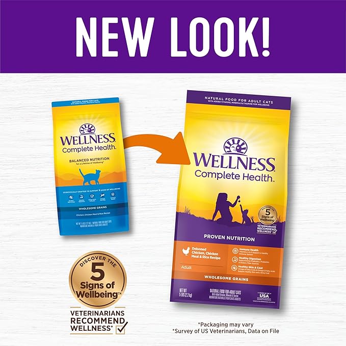 Wellness Complete Health Adult Dry Cat Food for Indoor and Outdoor Cats, Wholesome Grains, Natural, Chicken & Chicken Meal (5 Pound Bag)