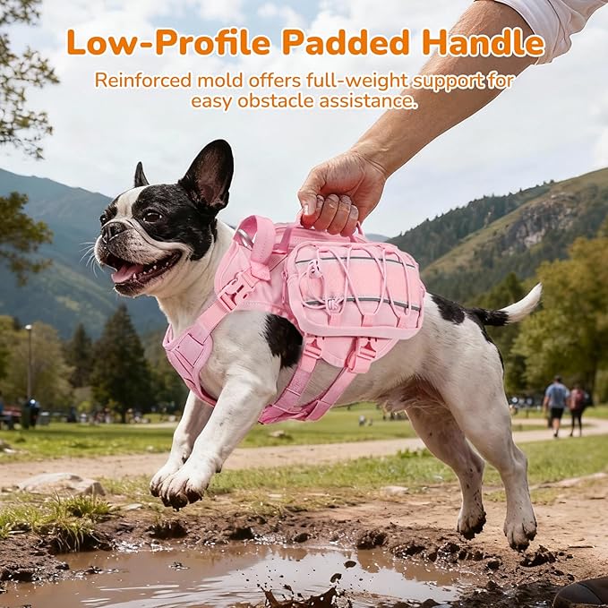 Small Dog Harness Backpack, No Pull Adjustable Dog Vest with Handle & Leash Ring, Lightweight Dog Backpack with Side Pockets for Walking, Training & Day Hikes, Pink, S