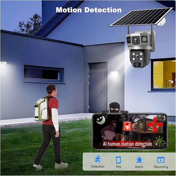 for Outdoor Camera Battery CCTV Monitor 4G SIM Card Network IP Security Pet Camera Motion Detection 3 Screen PTZ Camera(4G CCTV 64G Card)