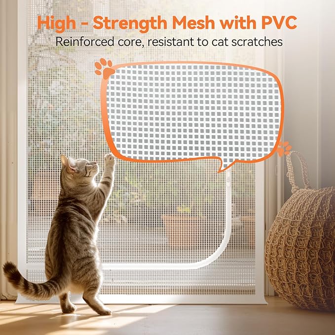 BFNN Cat Screen Door, Extra Tall Cat-Proof Mesh Gate, Fit Door Size 32'' x 80'', Anti-Cat Scratch Mesh with Zipper Closure, for Living Room, Kitchen, Bedroom (White)