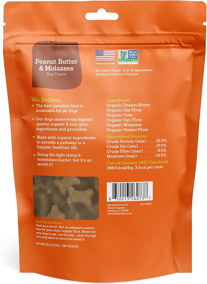 Riley's Peanut Butter Dog Biscuits - Organic & Crunchy Treats for Small Pets - Peanut Butter Dog Treats with Molasses - (12oz, Small)