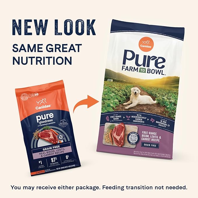 Canidae Pure Farm to Bowl Free-Range Bison, Lentil & Carrot, Adult, Grain-Free Dry Dog Food, 4lb