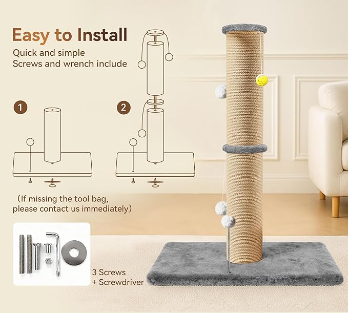 5-Inch Thick Sisal Cat Scratching Post, 36" Tall Cat Scratch Tower with Top Platform and Extra-Stable 20.8×15.9" Base, Durable Cat Scratcher for Indoor Cats, Gray