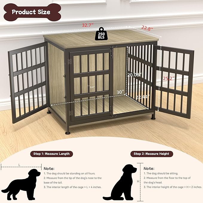 33'' Dog Crate Furniture Large Breed Dog Crate Dog Kennels for Inside Wooden Dog Crates End Table Heavy Duty Indoor Combination Cage for Medium to Large Dogs Maple