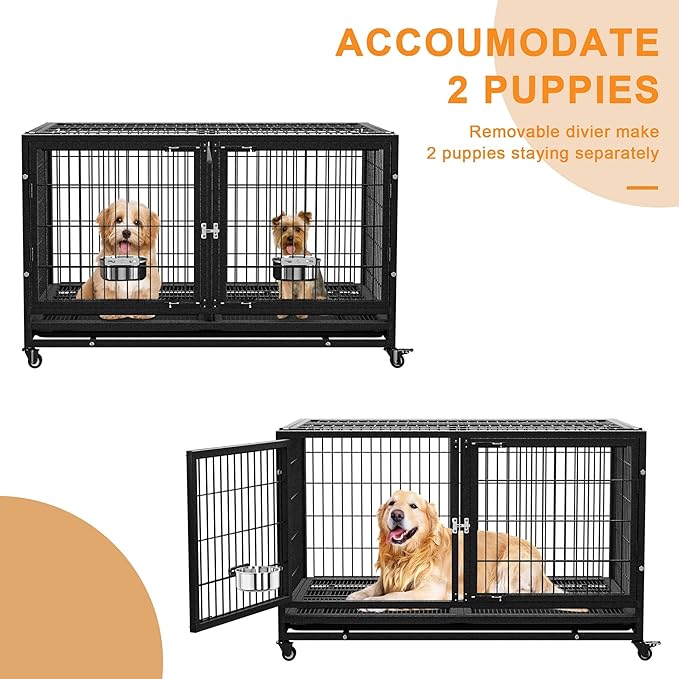 48 inch Heavy Duty Dog Crate for Large Dogs, Stackable Dog Kennels and Metal Wire Cages with Feeding Bowls, Leak-Proof Pans, Removable Wire Trays and Divider, Extra Large XL XXL