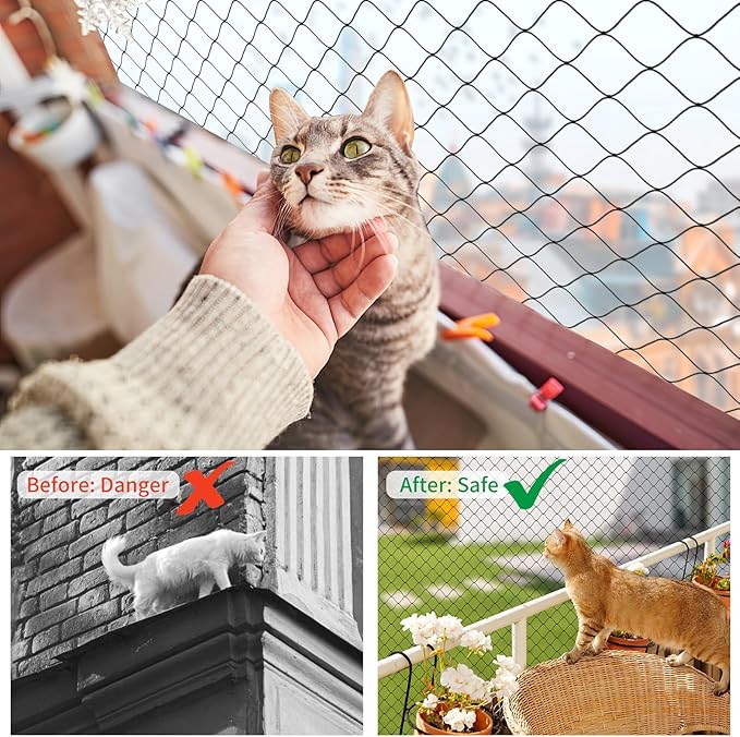 Cat Balcony Rail Net, 10 x 26 ft Cat Anti-Fall Netting Pet Balcony Mesh Fence Net Dog Fence Nets Black Nylon Pets Anti-Fall Mesh Fence