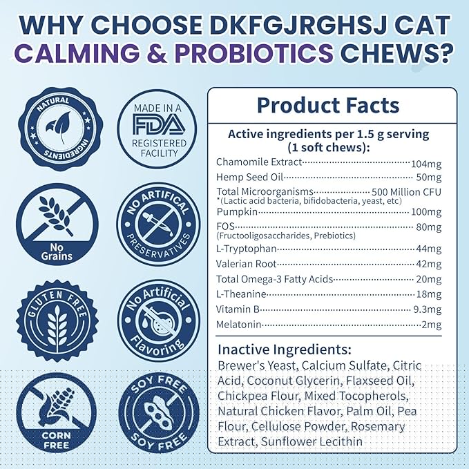 Cat Calming Treats, 200 Soft Chews Hemp Calming for Cats Gut Health with Probiotics, Calm Cat Treats for Anxiety and Stress Relief & Probiotic for Cats Digestive Health Chicken Flavor