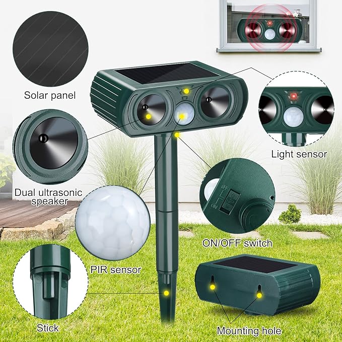 Ultrasonic Solar Animal Repeller Outdoor Cat Repellent with Motion Sensor Waterproof and Weatherproof Squirrel Dog for Garden Yard Farm (3)