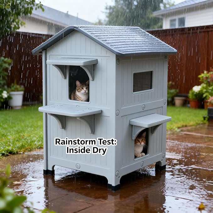 Weatherproof Outdoor Cat House for Feral Multi Cat, 2 Storey Insulated Elevated Plastic Cat Shelter with Escape Door, Easy Assemble, Expansive Interior‌ White 34" D x 21" W x 21.5" H