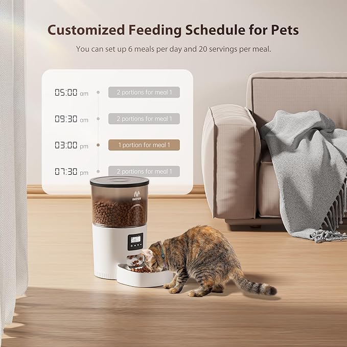 IMIPAW Automatic Cat Feeder, 3L Timed Pet Dry Food Dispenser with Clog-Free Design, Programmable, Dual Power Supply, Desiccant Bags, Auto Feeder for Cats, 1-6 Meals Per Day, with Stainless Steel