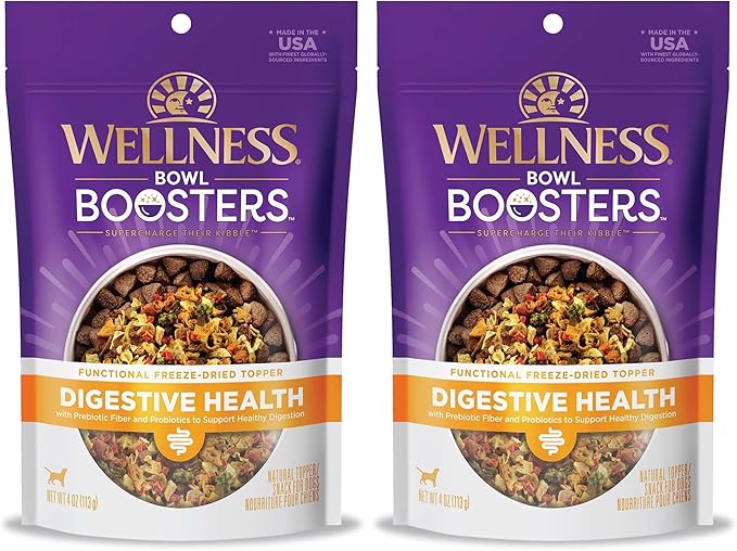 Wellness Bowl Boosters, Dog Food Topper for Small, Medium, & Large Breeds, Grain Free, Natural, Freeze Dried, Digestive Health Chicken, 4 Ounce Bag (Pack of 2)