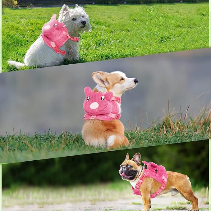 Dog Harness with Backpack, Adjustable Dog Backpack Harness for Small Medium Dogs, No-Pull Breathable Backpacks for Dogs to Wear, for Traveling, Hiking, Camping, Training, Pink XS