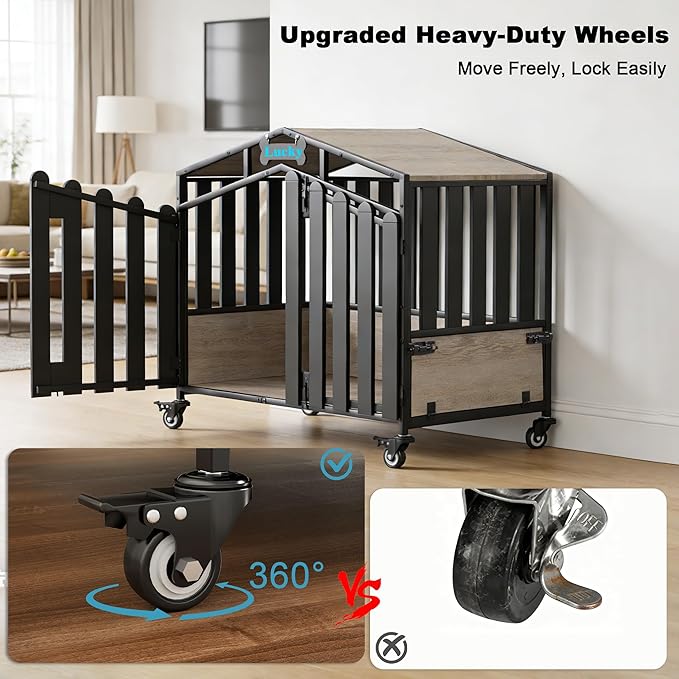 EasyCom 41“ Heavy Duty Dog Crate Furniture, Dogs Kennel Indoor with 360° Wheels, Decorative Dog Kennels for Medium Dogs, Dog Crate with Feeding Window and Name Tag, Dog House, Oak Grey