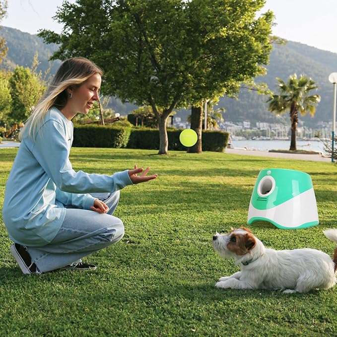 Dog Ball Thrower Launcher, Automatic Ball Launcher with 6 Tennis Balls for Small Medium Dogs, 3 Adjustable Distance Settings, Rechargeable Dog Toy Mental Stimulation Training Game for Energetic Dogs