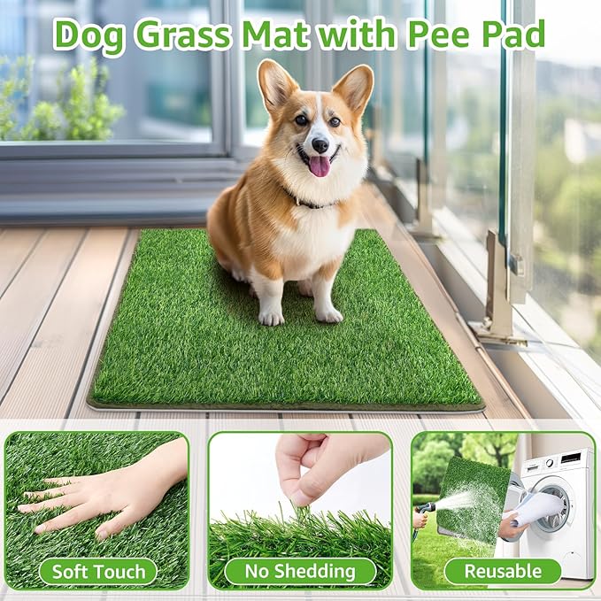 Dog Grass Mat with Pee Pad,Small Litter Box Indoor Artificial Grass Potty Training Pads for Dogs Tray Doggies Washable Reusable Puppy Pads Leakproof Pee on Outdoor Patio Balcony Apartment(18x30'')