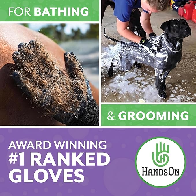 H HandsOn Pet Grooming Gloves - Patented #1 Ranked, Award Winning Shedding, Bathing, & Hair Remover Gloves - Gentle Brush for Cats, Dogs, and Horses (Green, Junior)