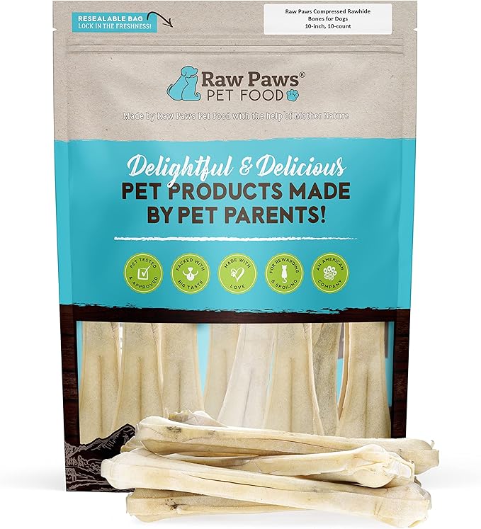 Raw Paws 10-inch Compressed Rawhide Bones for Dogs, 10-Count - Packed in USA - Long Lasting Dog Chews - Natural Pressed Rawhides - Large Dog Bones - Raw Hide for Aggressive Chewers