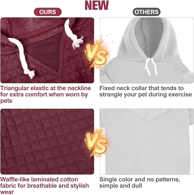 BEAUTYZOO Medium Dog Hoodie Sweater with Pockets, Dog Clothes for Small Medium Dogs Boy Girl, Waffle-Like Laminated Cotton Pet Coats with Hat and Leash Hole, Wine Red XL