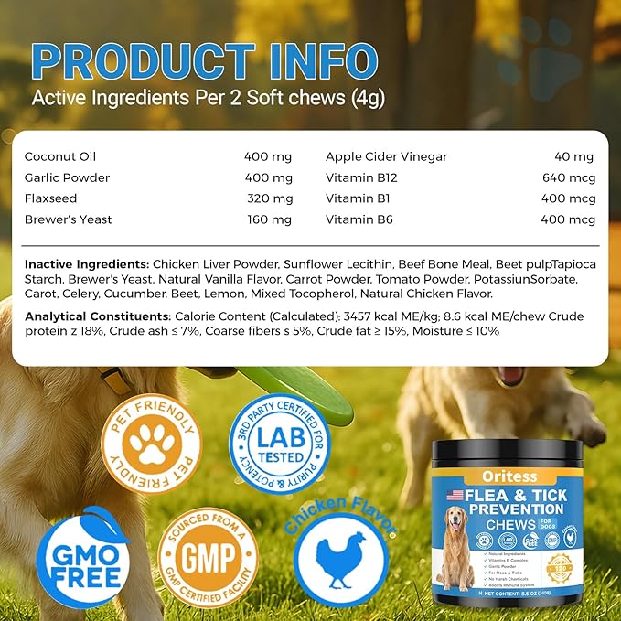Flea and Tick Prevention for Dogs, 120 Soft Chews Natural Dog Flea and Tick Chewables Oral Flea Supplement for Dogs, Puppy Flea Support - All Breeds & Ages - Chicken Flavor