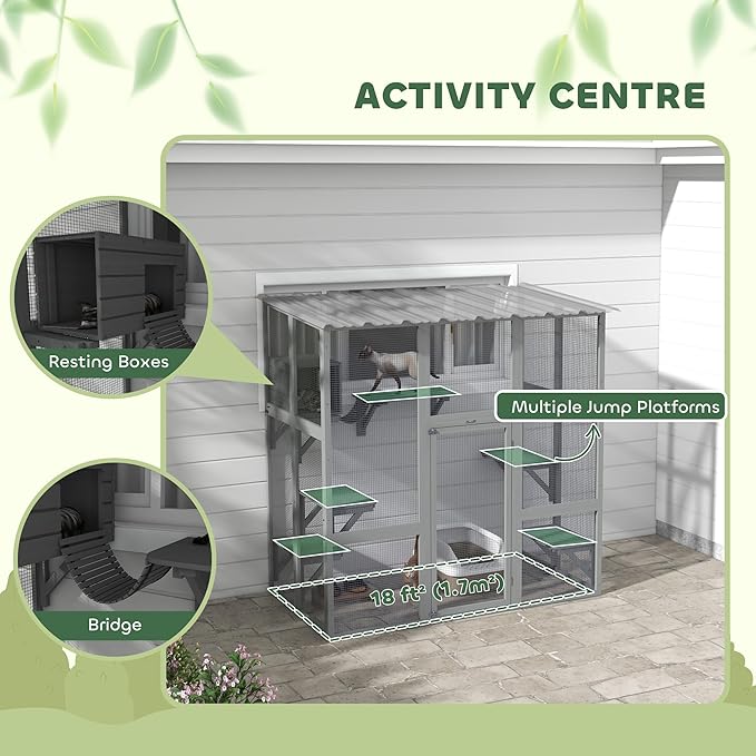 PawHut Catio Outdoor Cat Enclosure Window Box, Wooden Cat House Playground with Scratching Posts, Weather Protection Roof for 1-2 Kitties, Resting Boxes, 68" x 35.5" x 70.5", Gray