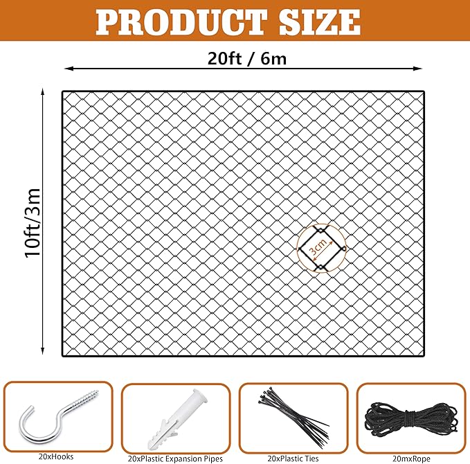 Cat Netting,Balcony Netting for Pets,Steel Wire Reinforced Balcony Screen for Pets, Anti-Fall Cat Net for Balcony and Windows,Stair, Patio（Black,10 * 20ft）