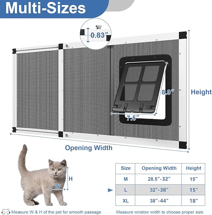 Ventilated Pet Door for Window, Fits 32"-38" Width Window, 2-Min Install | Aluminum Frame + Stainless Steel Mesh | Breathable Bug-Proof | Magnetic Closure Window Cat Door, Cat Door for Window Insert