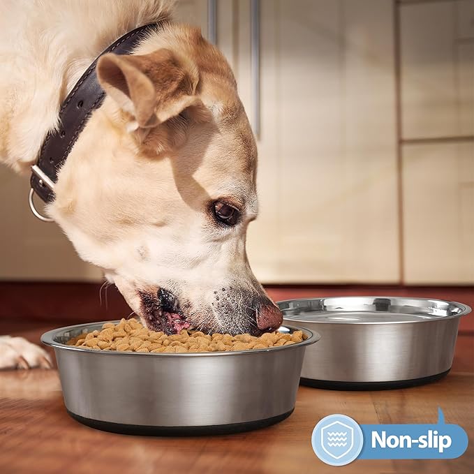 Stainless Steel Dog Bowls Set of 2, Anti Rust Metal & Non Slip Rubber Base, Heavy Duty Large Feeding Dishes, Food Grade BPA Free, Food and Water Bowl for Large Dogs (88oz, 11cup)