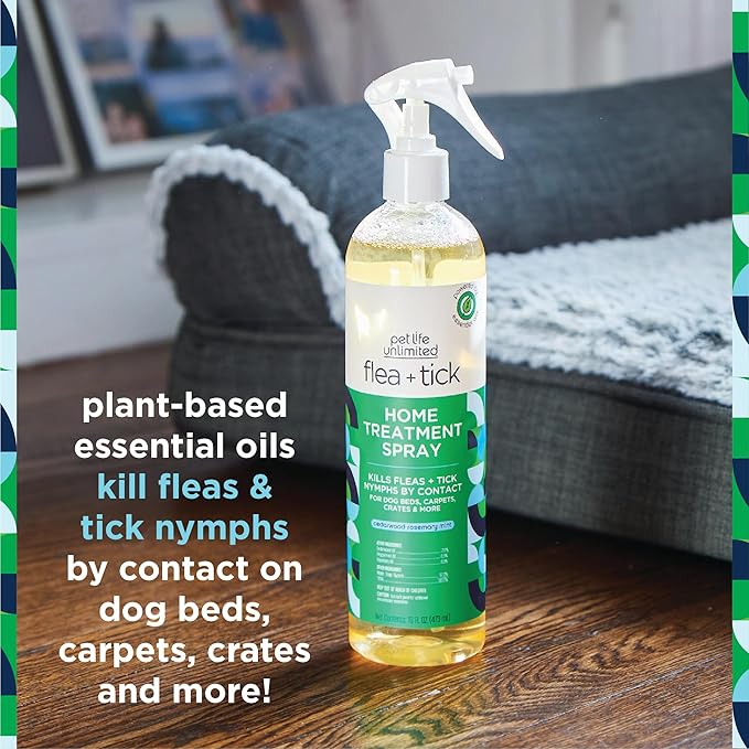 Pet Life Unlimited Flea & Tick Spray for Home, 16 oz, Plant-Based Indoor Prevention and Treatment for Dogs, Kill & Repel Fleas, Ticks & Eggs, Protection for Carpet, Furniture & Bedding