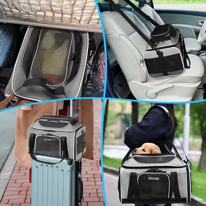 Petskd Top-Expandable Pet Carrier 18x11x11 Inches Delta American United Airline Approved, Soft-Sided Carrier for Small Cats and Dogs with Locking Safety Zippers and Anti-Scratch Mesh(Grey)