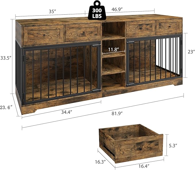 GAOMON 82 Inch Double Dog Crate Furniture with 4 Storage Drawers, Heavy Duty Extra Large Dog Kennel TV Stand for 2 Large Dogs, Wooden Indoor Pet House with 4 Open Shelves, Rustic Brown