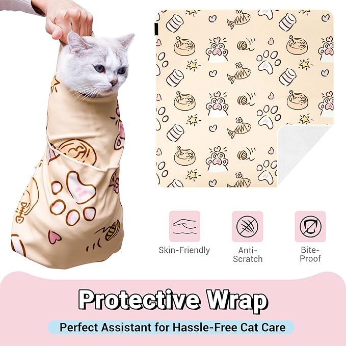 27.5" Large Cat Wrap for Nail Trimming，Self-adherent Cat Grooming Wrap for Cat & Small Dog, Anti-Scratch Cat Swaddle Burrito Wrap for Medicine,Nail Clipping,Ear Cleaning,Teeth Brushing - Cute Pattern