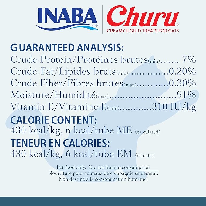 INABA Churu Cat Treats, Grain-Free, Lickable, Squeezable Creamy Purée Cat Treat/Topper with Vitamin E & Taurine, 0.5 Ounces Each Tube, 48 Tubes (4 per Pack), Chicken with Crab Recipe