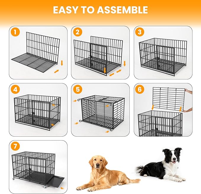 42 Inch Heavy Duty Dog Crate with Wheels, Escape Proof Metal Kennel with 3 Doors & Removable Tray for Large Medium Dogs, Black