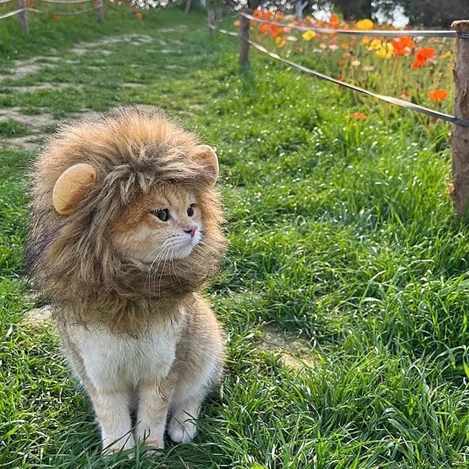 Lion Mane Wig for Cats - Adjustable, Washable, Brown Lion Mane Wig for Cat Costume (Medium)