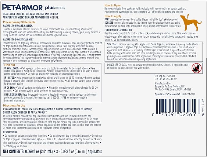 PetArmor Plus Flea and Tick Prevention for Dogs, Small Dog Flea and Tick Treatment, 1 Dose, Waterproof Topical, Fast Acting (5-22 lbs)