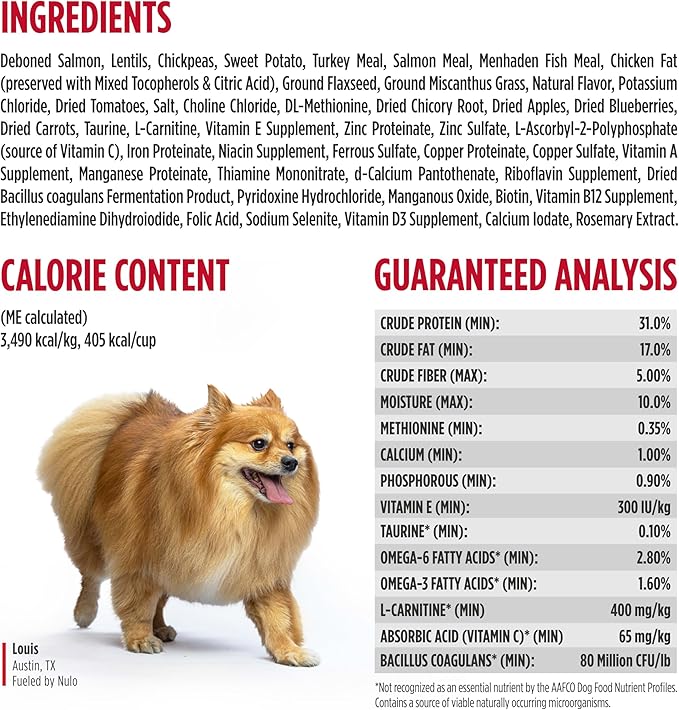 Nulo FreeStyle Small Breed Dog Food Dry - Salmon & Lentils, Puppy & Adult Grain Free Dog Food, Natural, High Protein, Smaller Sized Kibble with BC30 Probiotic for Healthy Digestion Support, 14lb