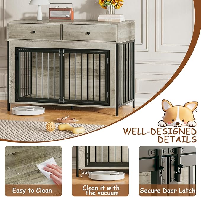 PUKAMI 44inch Large Dog Crate Furniture with Drawers, Wooden Dog Kennel Furniture for Indoor use, Grey End Table Dog House, for Small/Medium/Large Dog