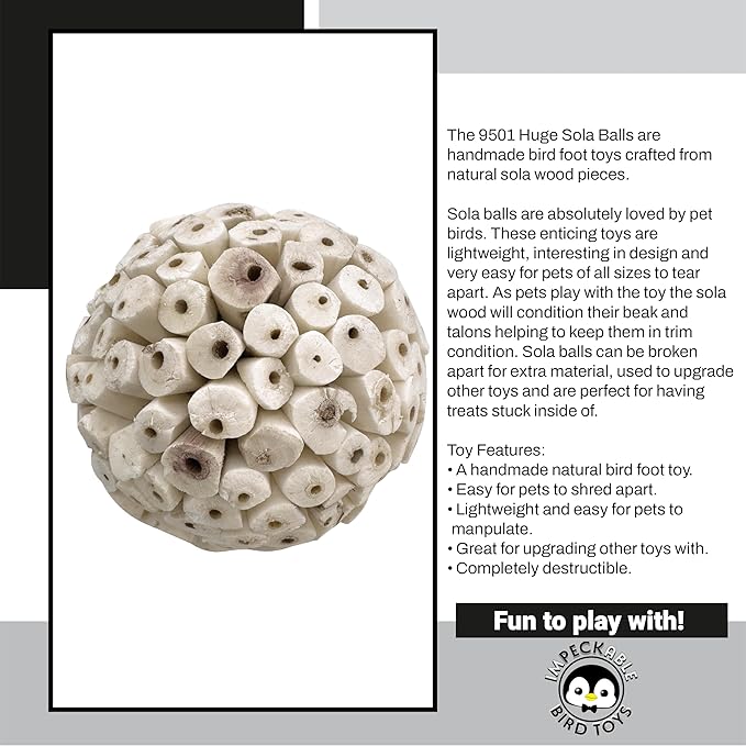9501 Pk4 Huge Sola Balls Large 4 Inch Handmade Wood Balls - Natural Bird Toy for Cage - Soft Shreddable Chewing Foot Toys for Medium & Large Birds - Macaw, African Grey & Parrot - Foraging Accessory